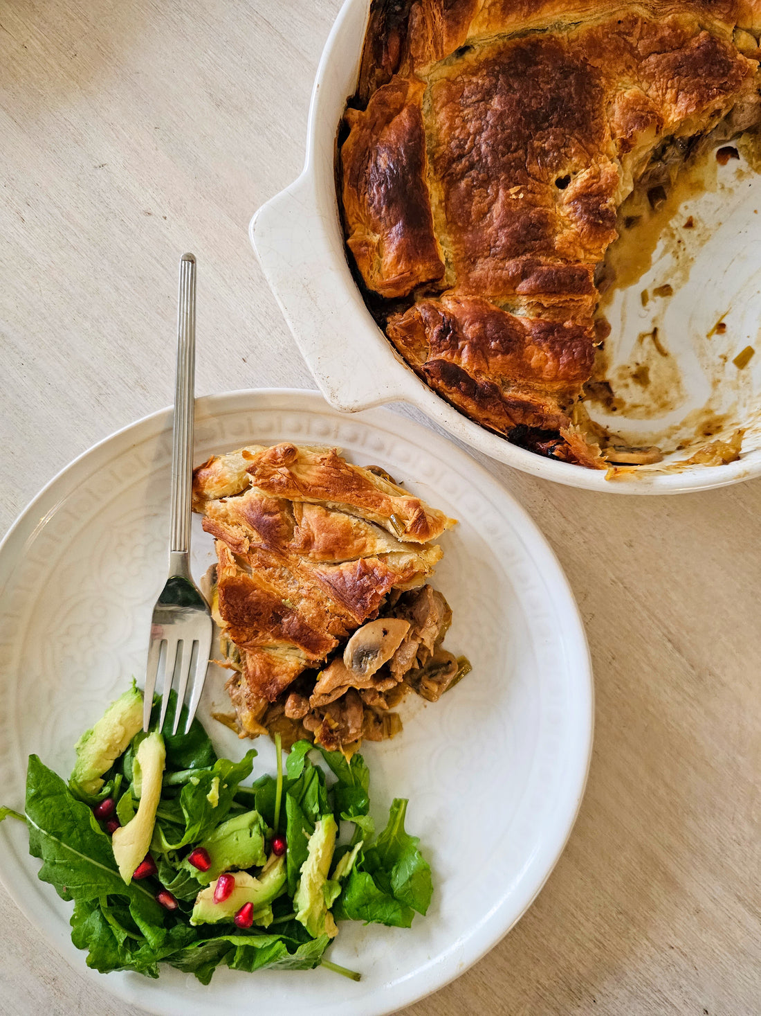 Chicken, mushroom and leek pie